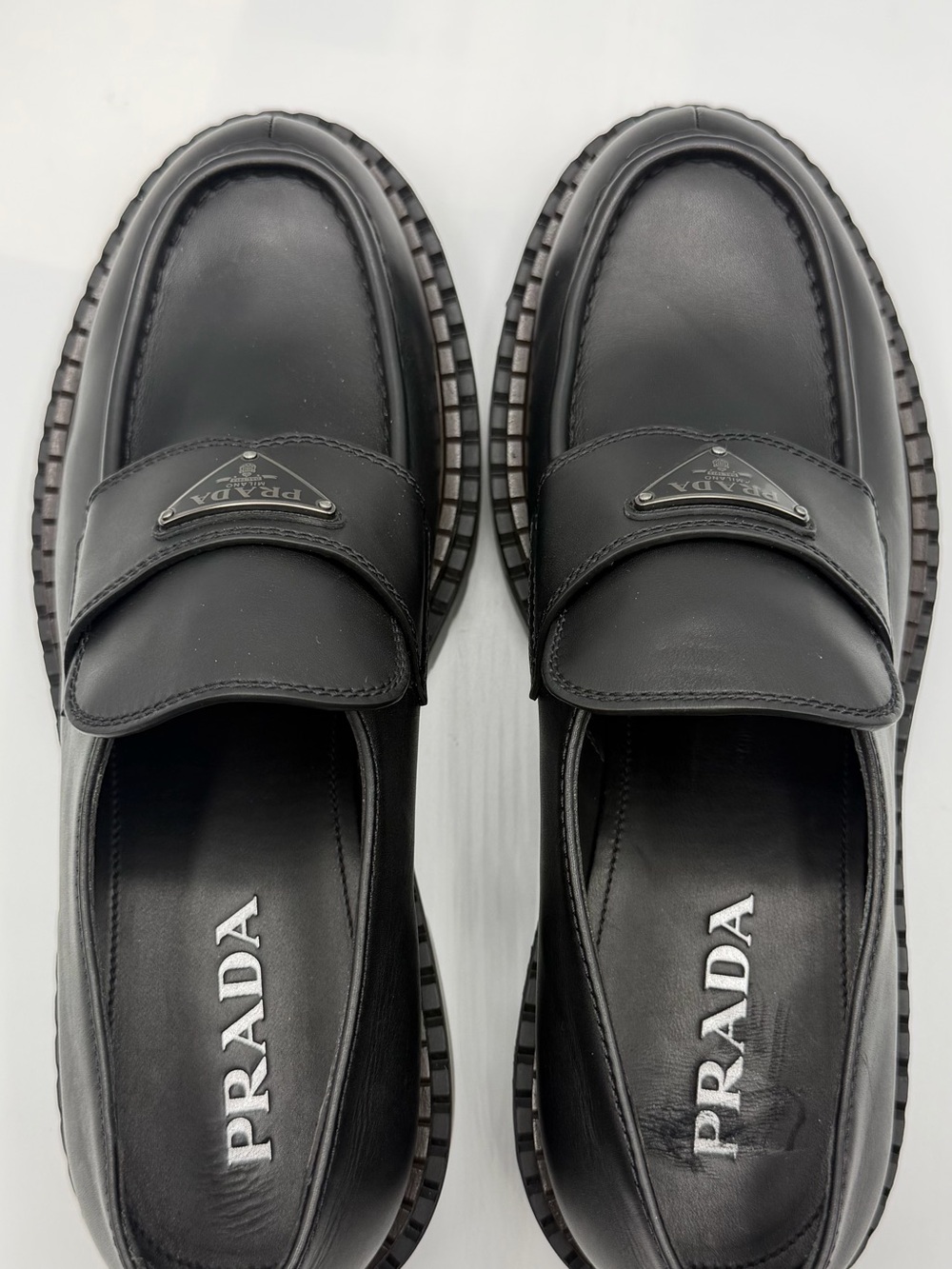 NIB Prada Triangle Logo Black Leather Double Chocolate Rubber Lug Sole Loafers